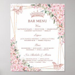 Cherry Blossoms Rose Gold Butterfets Bar Menu Poster
