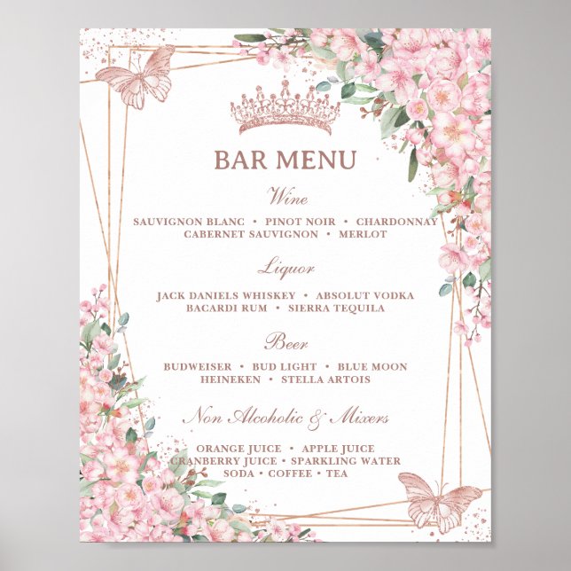 Cherry Blossoms Rose Gold Butterfets Bar Menu Poster (Vorne)