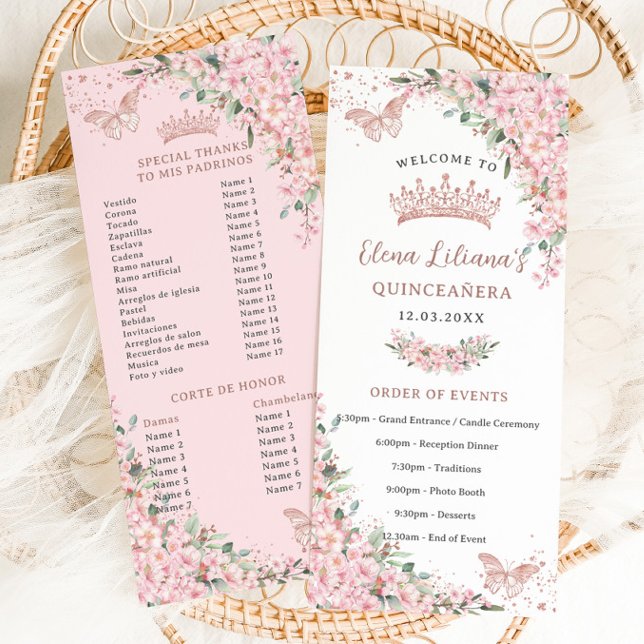 Cherry Blossoms Rose Gold Butterfly Programm (quinceanera-slim-events-program-cards-blush-pink-cherry-blossoms-flowers-sakura-floral-butterflies)