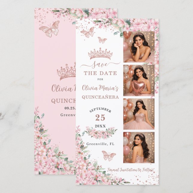 Cherry Blossoms Rose Gold Photo Booth Quinceanera Save The Date (Vorne/Hinten)