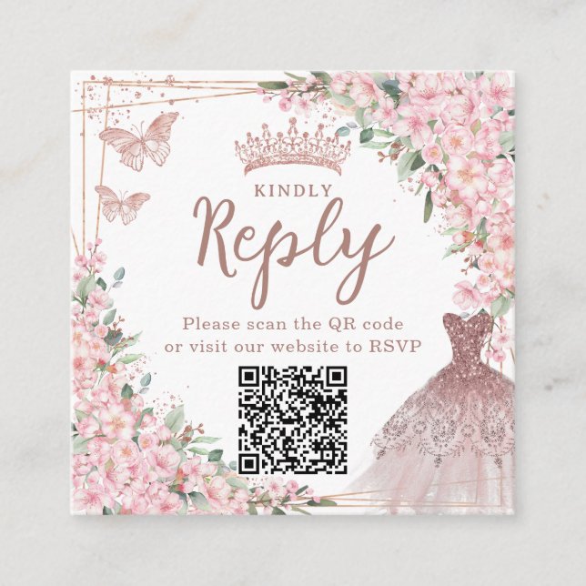 Cherry Blossoms Rose Gold Quinceñera QR Code Begleitkarte (Vorderseite)