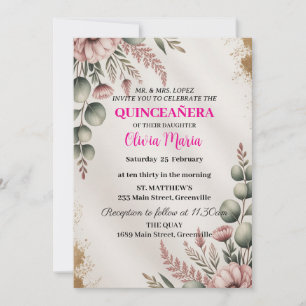 Cherry Blossoms Rose Gold Schmetterlinge Quinceañe Einladung