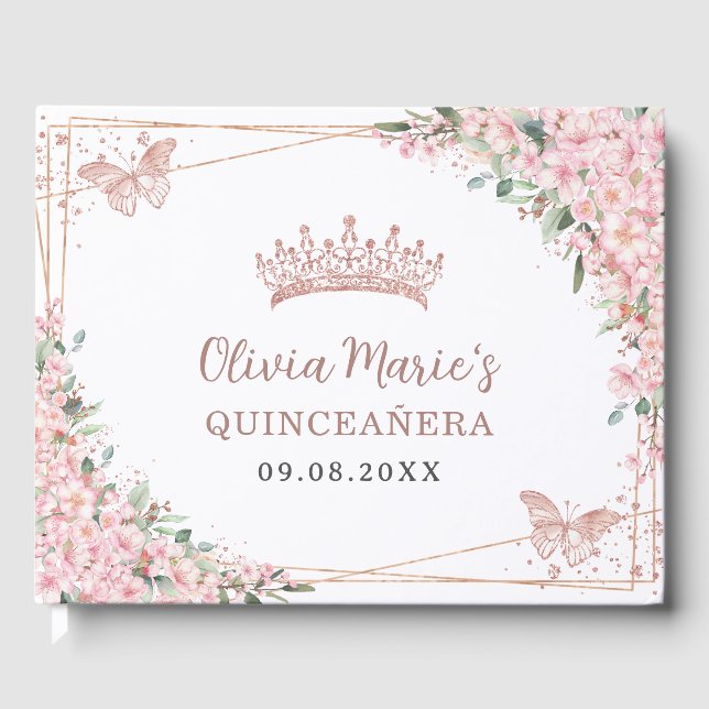 Cherry Blossoms Rose Gold Schmetterlinge Quinceane Gästebuch (Vorderseite)