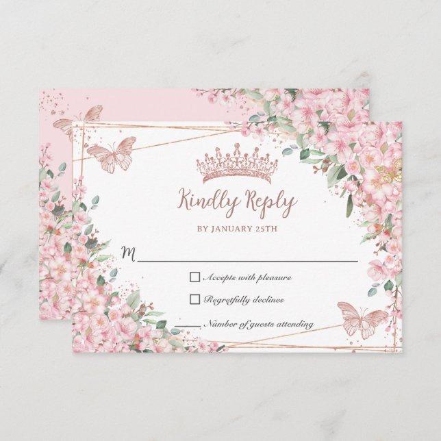 Cherry Blossoms Rose Gold Schmetterlinge Quinceañe RSVP Karte (Vorne/Hinten)