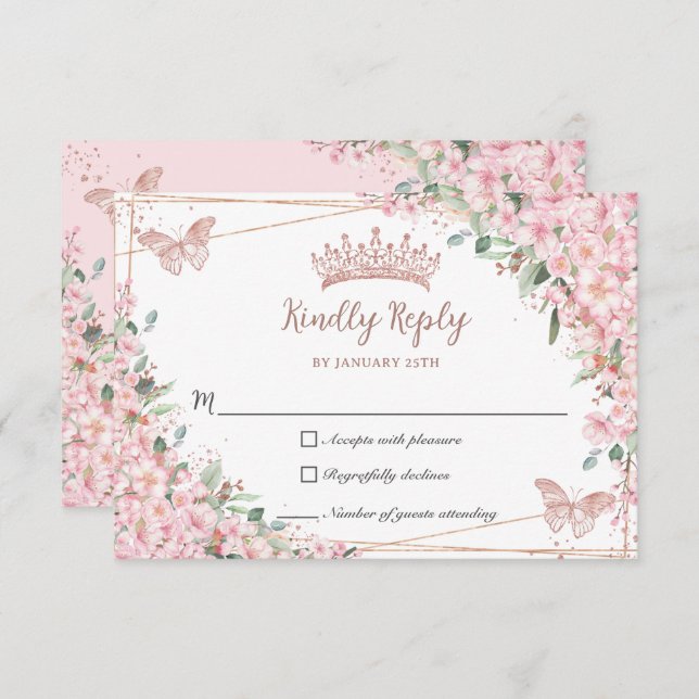 Cherry Blossoms Rose Gold Schmetterlinge Quinceañe RSVP Karte (Vorne/Hinten)