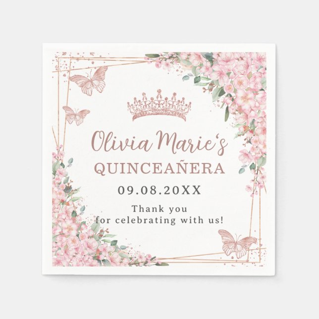 Cherry Blossoms Rose Gold Schmetterlinge Quinceane Serviette (Vorderseite)