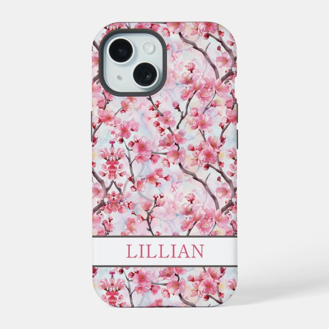 Cherry Blossoms Sakura Monogrammed iPhone 15 Hülle (Rückseite)