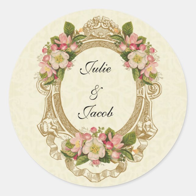 Cherry Blossoms Scripture Vintage Hochzeit Runder Aufkleber (Vorderseite)