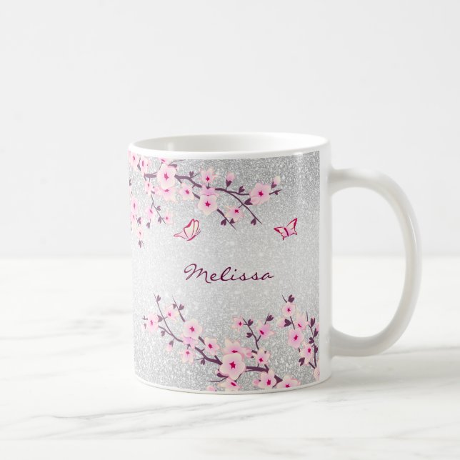 Cherry Blossoms Silver Glitzer Monogram Floral Kaffeetasse (Rechts)