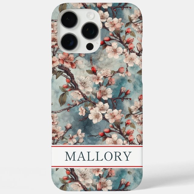 Cherry Blossoms Teal Sakura Print Monogrammed Case-Mate iPhone Hülle (Rückseite)