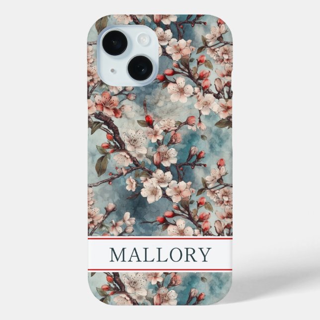 Cherry Blossoms Teal Sakura Print Monogrammed Case-Mate iPhone Hülle (Rückseite)