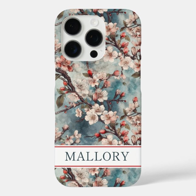 Cherry Blossoms Teal Sakura Print Monogrammed Case-Mate iPhone Hülle (Rückseite)