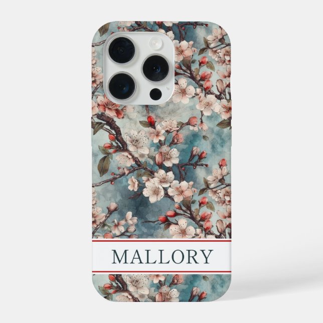 Cherry Blossoms Teal Sakura Print Monogrammed iPhone Hülle (Rückseite)