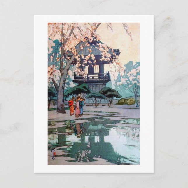 Cherry Blossoms und Belfry, Hiroshi Yoshida Postkarte (Vorderseite)