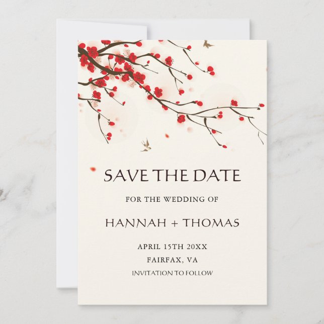 Cherry Blossoms Wasserfarbe Hochzeit speichern das Save The Date (Vorderseite)