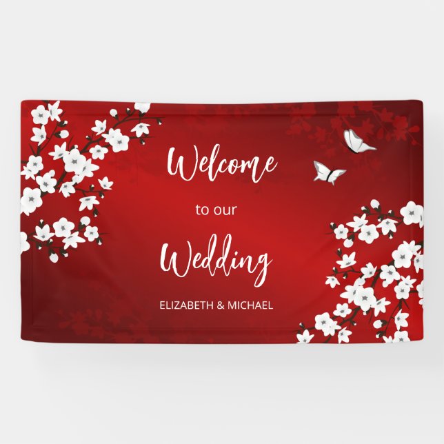 Cherry Blossoms White Red Wedding Willkommen Banner (Horizontal)