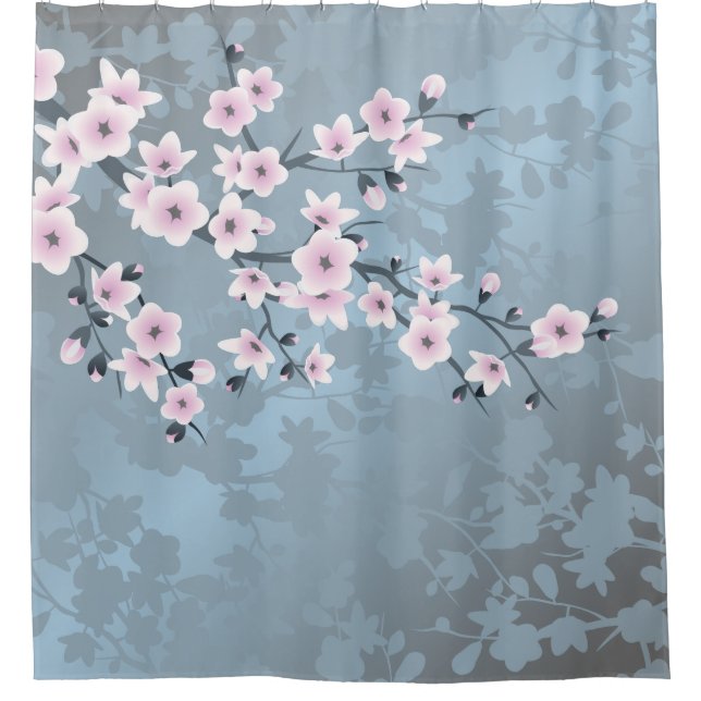Cherry blüht floral Dusty Pink Blau Duschvorhang (Vorderseite)
