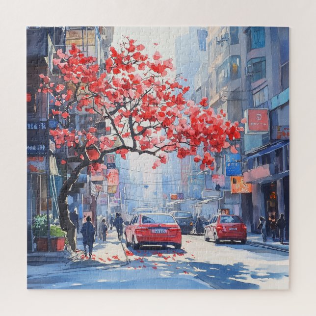 Cherry blüht in der Stadtszene Puzzle (Vertikal)