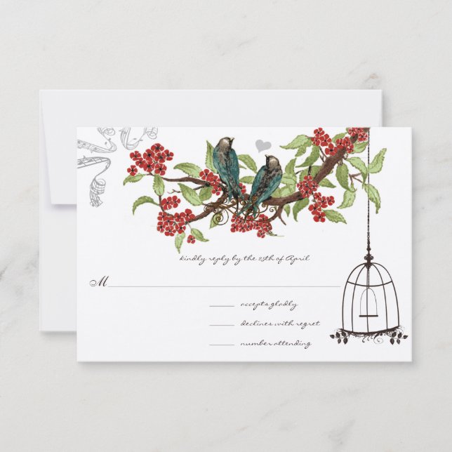 Cherry Blüten Aqua Birds und Birdcage UAWG RSVP Karte (Vorderseite)