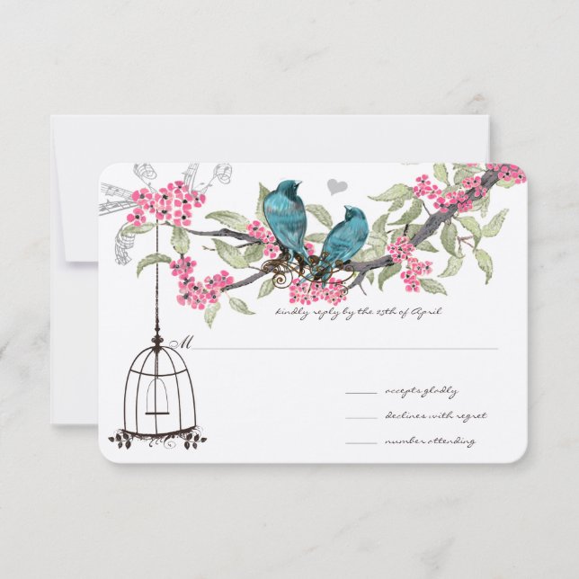 Cherry Blüten Aqua Birds und Birdcage UAWG RSVP Karte (Vorderseite)