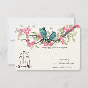 Cherry Blüten Aqua Birds und Birdcage UAWG RSVP Karte