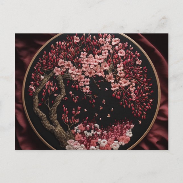 Cherry Blüten bestickt Hochzeit Vintag Wrappi Postkarte (Vorderseite)