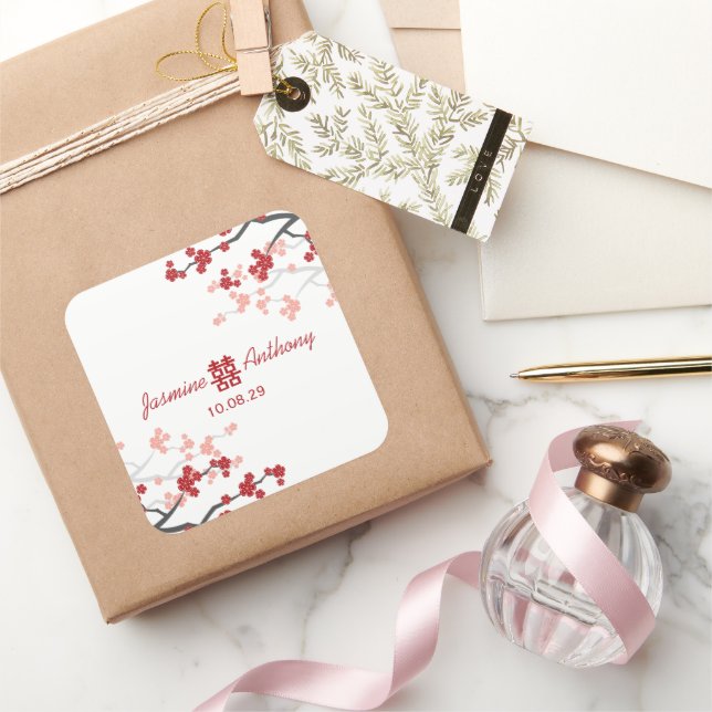Cherry Blüten Doppelglücklichkeit Chinesische Hoch Quadratischer Aufkleber (Schenken)
