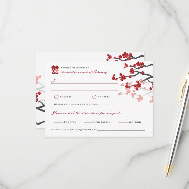 Cherry Blüten Doppelglücklichkeit Chinesische Hoch RSVP Karte (Vorderseite/Rückseite Beispiel)