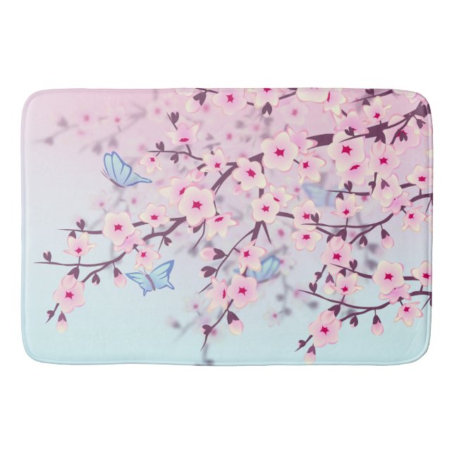 Cherry Blüten Landschaft Pink Sky Blau Badematte (Vorderseite)