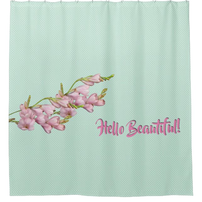 Cherry Blüten Mint Grünen Punkte Hallo schön! Duschvorhang (Vorderseite)