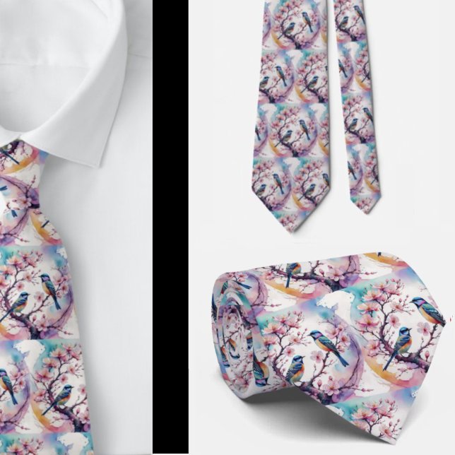Cherry Blüten und Vögel Japanischer Necktie Krawatte (Von Creator hochgeladen)