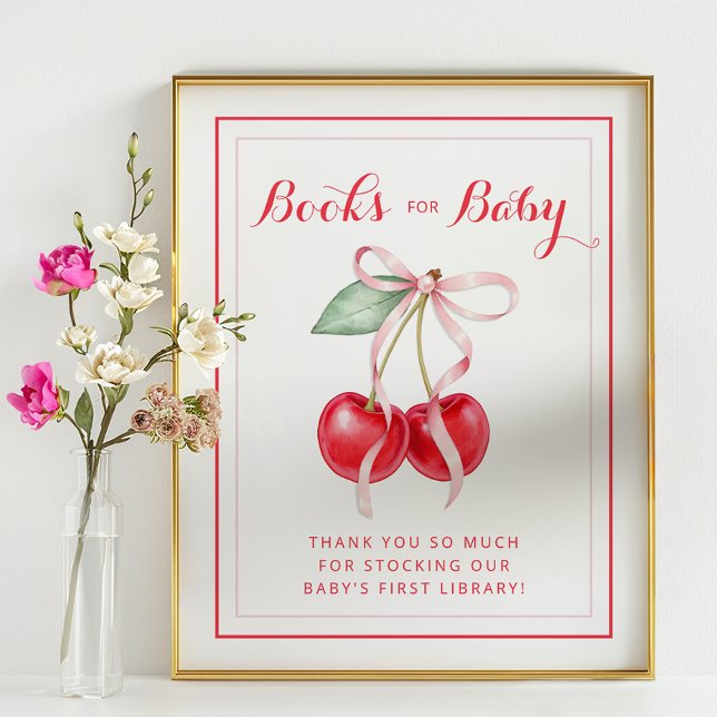 Cherry Books for Baby Shooting Sign Poster (Books for Baby Baby Shower Sign)