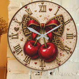 Cherry Bow Cute Leopard Print Coquette Cherry Große Wanduhr
