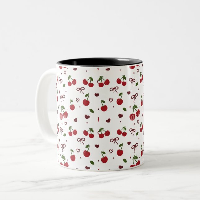 Cherry & Bow Pattern Coffee Mug  Zweifarbige Tasse (Vorderseite Links)