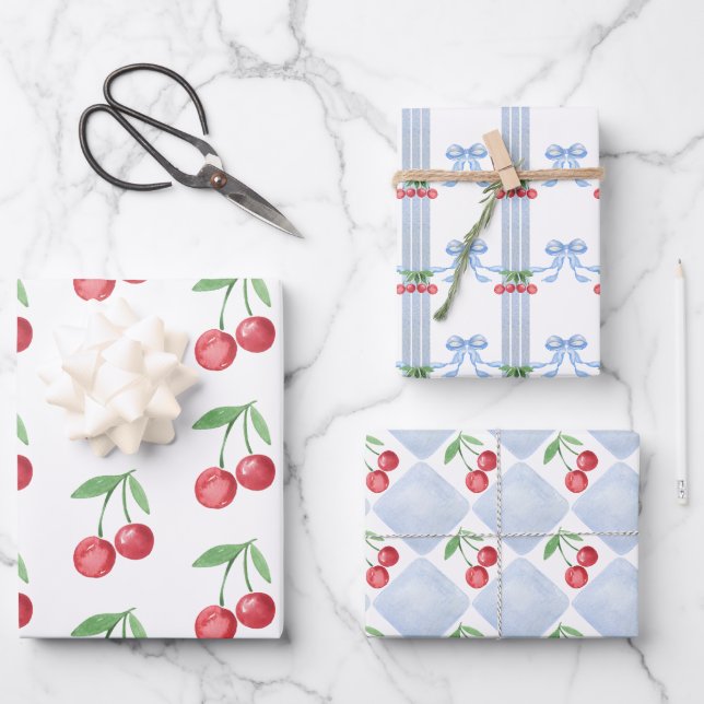 Cherry Bows Watercolor Geschenkpapier Set (Vorderseite)