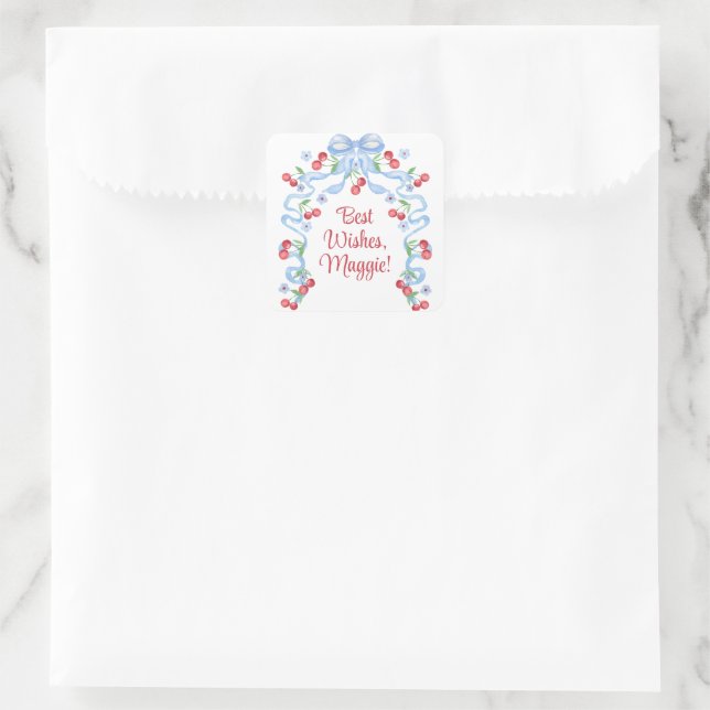 Cherry Bows Watercolor Quadratischer Aufkleber (Tasche)