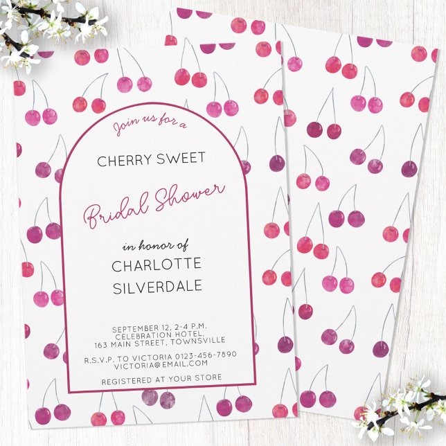 Cherry Bridal Dusche Einladung (Watercolor cherries pattern personalized custom name text bridal shower invitation)