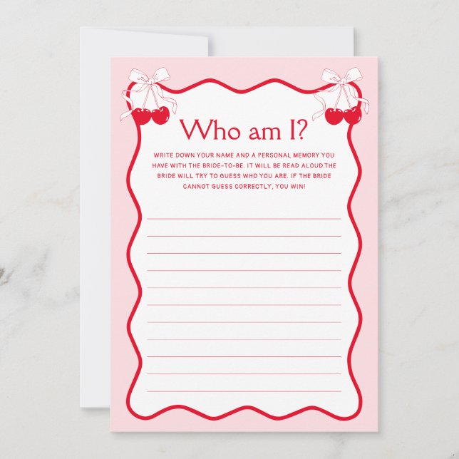 Cherry Bridal Shower Guess Who Am I Game Card Einladung (Vorderseite)