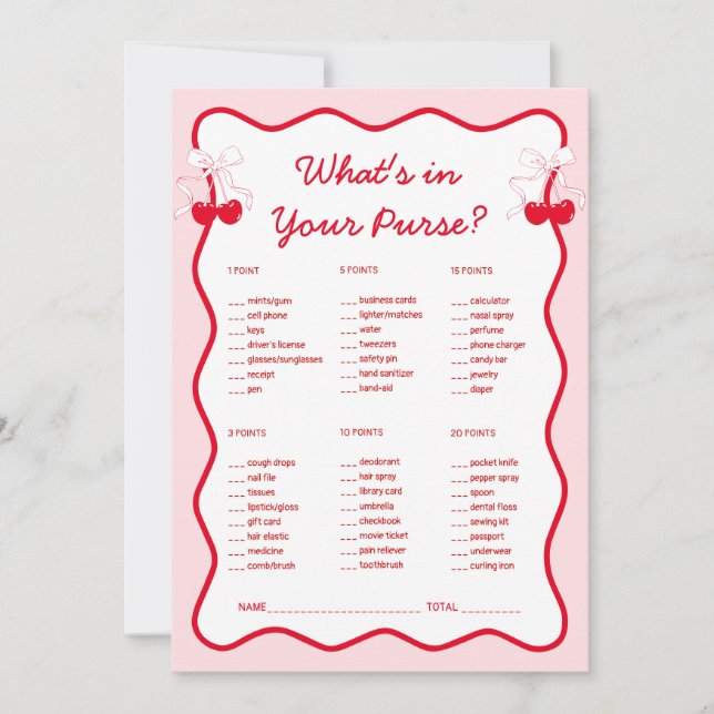 Cherry Bridal Shower What's in Your Purse Game Einladung (Vorderseite)