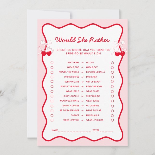 Cherry Bridal Shower Would She Rather Game Card Einladung (Vorderseite)