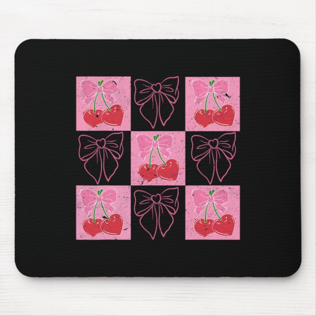 Cherry Coquette Bow Ribbon Pink Valentine überprüf Mousepad (Vorne)
