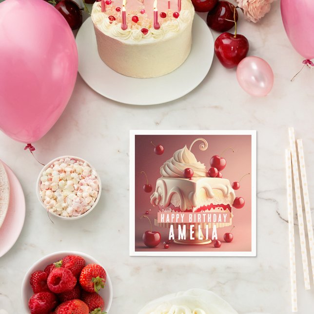 Cherry Cream Birthday Cake Personalisiert Napkins Serviette (Von Creator hochgeladen)