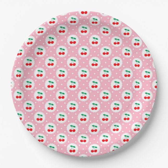 Cherry Dot Pattern - Retro Fruit Gift & Decke Pappteller (Vorderseite)