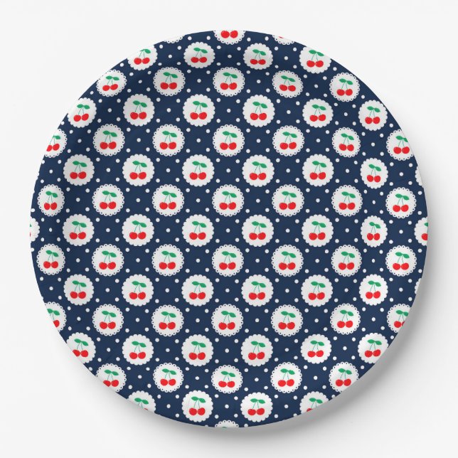 Cherry Dot Pattern - Retro Fruit Gift & Decke Pappteller (Vorderseite)