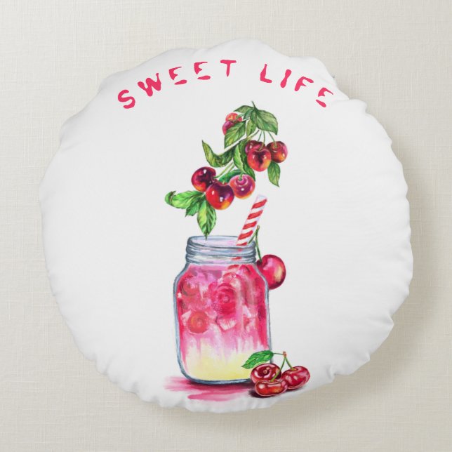 Cherry Drink Round Kissen - Custom Text (Rückseite)