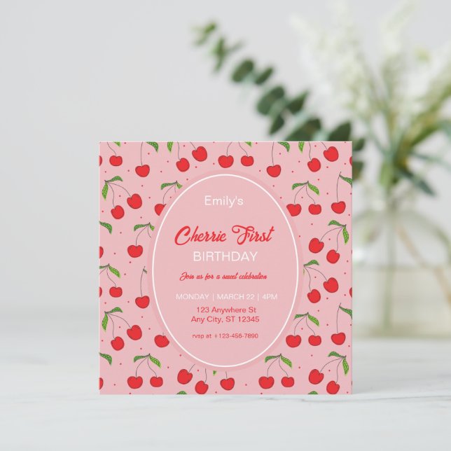 CHERRY Einladung zum ersten Geburtstag (Stehend Vorderseite)