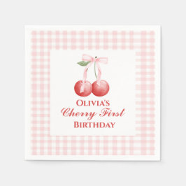 Cherry erster Geburtstag Pink Bow Gingham Serviette