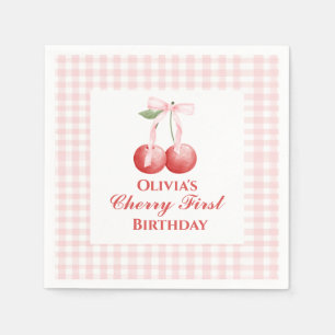 Cherry erster Geburtstag Pink Bow Gingham Serviette