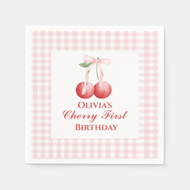 Cherry erster Geburtstag Pink Bow Gingham Serviette (Vorderseite)