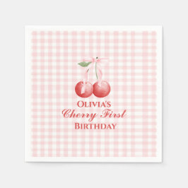 Cherry erster Geburtstag Pink Bow Gingham Serviette